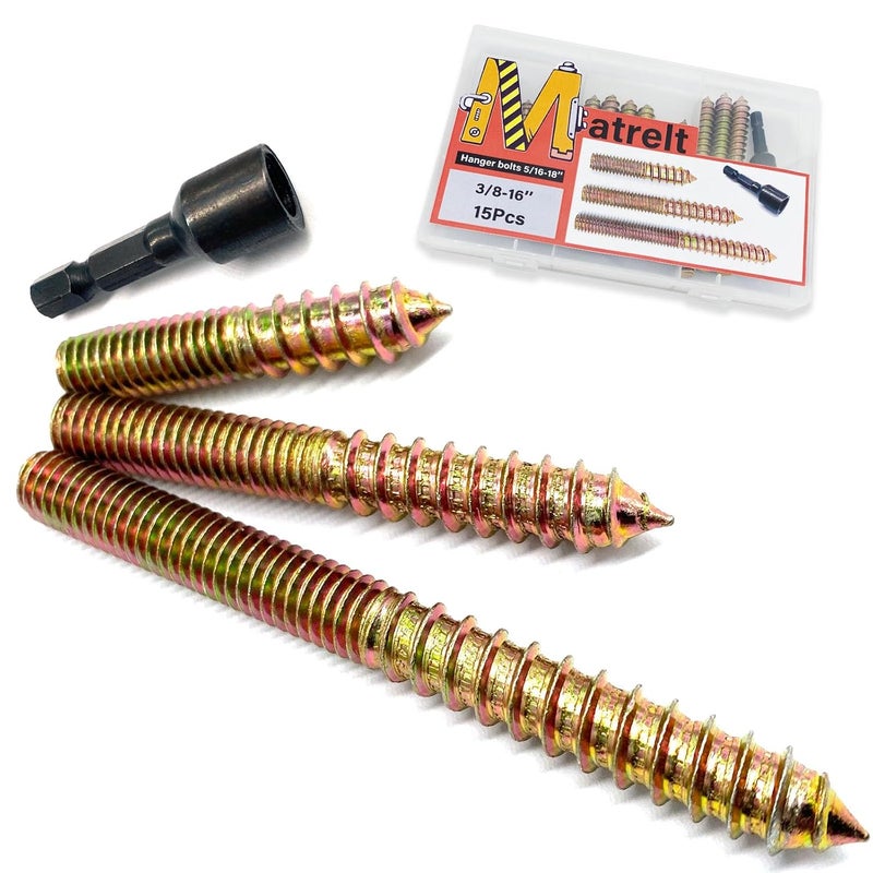 Matrelt 15Pack 3/8-16" Hanger Bolts 3Sizes 2-4 Inch Include1 pcs Hanger Bolt Driver Double Headed Bolts Wood Dowel Screw Self-Tapping Screw for Furniture Screws Wood Screws Double Threaded Rods - Image 1